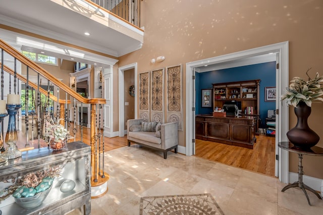 315 Whispering Brook Dr, Nicholasville, KY 40356 - foyer with a towering ceiling, stairs, crown molding, and wood finished floors