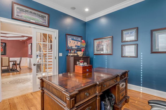 315 Whispering Brook Dr, Nicholasville, KY 40356 - home office featuring light wood-type flooring, crown molding, recessed lighting, and french doors
