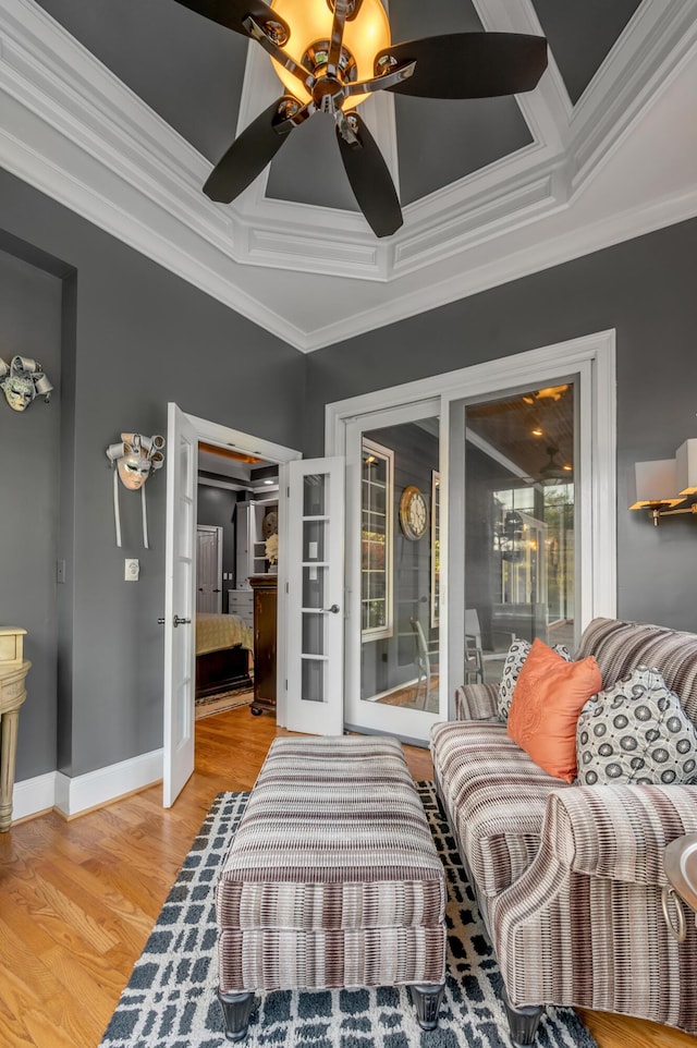 315 Whispering Brook Dr, Nicholasville, KY 40356 - bedroom featuring ornamental molding, french doors, light wood-style flooring, ceiling fan, and coffered ceiling