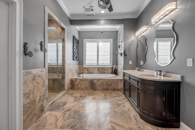 315 Whispering Brook Dr, Nicholasville, KY 40356 - bathroom featuring a bath, a stall shower, double vanity, crown molding, and stone finish floors