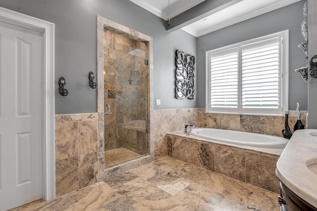 315 Whispering Brook Dr, Nicholasville, KY 40356 - full bath featuring a bath, a shower stall, and ornamental molding
