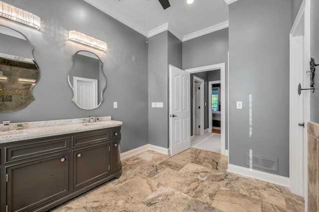 315 Whispering Brook Dr, Nicholasville, KY 40356 - bathroom with ornamental molding, stone finish flooring, double vanity, and a ceiling fan