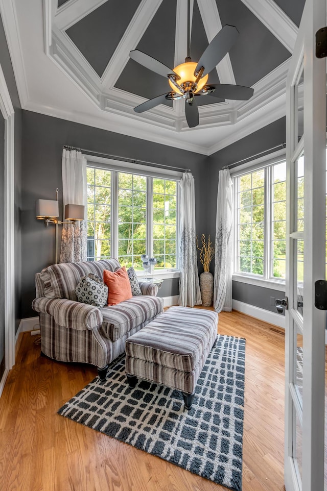 315 Whispering Brook Dr, Nicholasville, KY 40356 - living room featuring coffered ceiling, healthy amount of natural light, ornamental molding, a ceiling fan, and wood finished floors