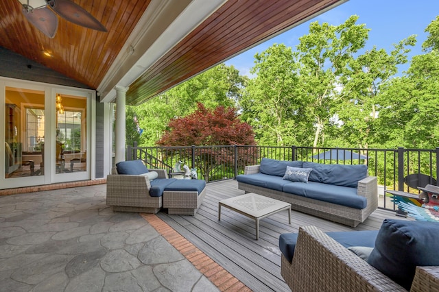 315 Whispering Brook Dr, Nicholasville, KY 40356 - wooden terrace featuring an outdoor living space, french doors, a ceiling fan, and view of scattered trees