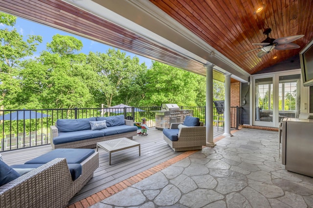315 Whispering Brook Dr, Nicholasville, KY 40356 - view of patio with an outdoor hangout area, ceiling fan, a grill, and view of wooded area