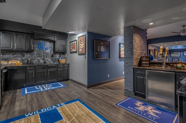 315 Whispering Brook Dr, Nicholasville, KY 40356 - indoor wet bar featuring dishwasher, tasteful backsplash, dark wood-style flooring, built in refrigerator, and recessed lighting