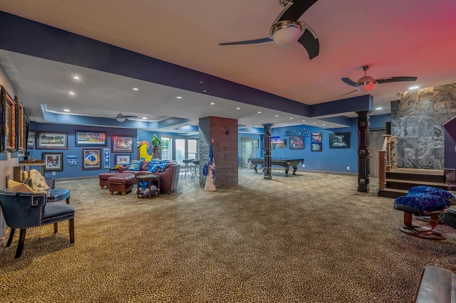 315 Whispering Brook Dr, Nicholasville, KY 40356 - rec room featuring a ceiling fan, ornate columns, carpet flooring, recessed lighting, and a raised ceiling