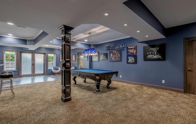 315 Whispering Brook Dr, Nicholasville, KY 40356 - recreation room with crown molding, billiards table, recessed lighting, carpet flooring, and french doors