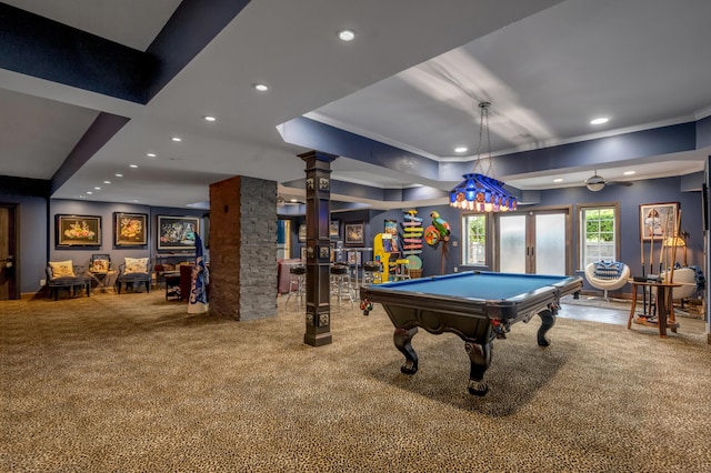 315 Whispering Brook Dr, Nicholasville, KY 40356 - playroom featuring billiards, recessed lighting, ornate columns, ornamental molding, and carpet floors