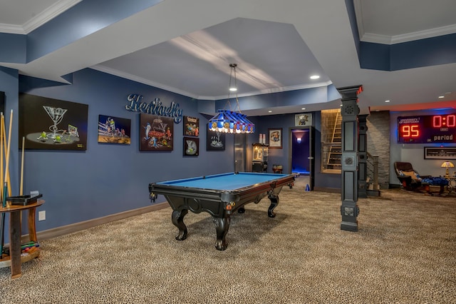 315 Whispering Brook Dr, Nicholasville, KY 40356 - playroom with carpet flooring, ornamental molding, pool table, and recessed lighting
