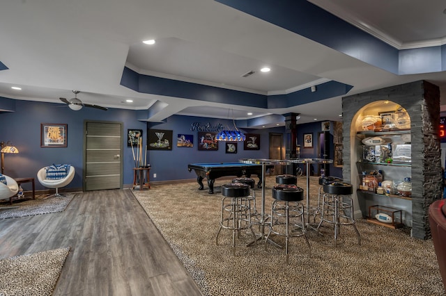 315 Whispering Brook Dr, Nicholasville, KY 40356 - playroom featuring crown molding, decorative columns, billiards table, ceiling fan, and recessed lighting
