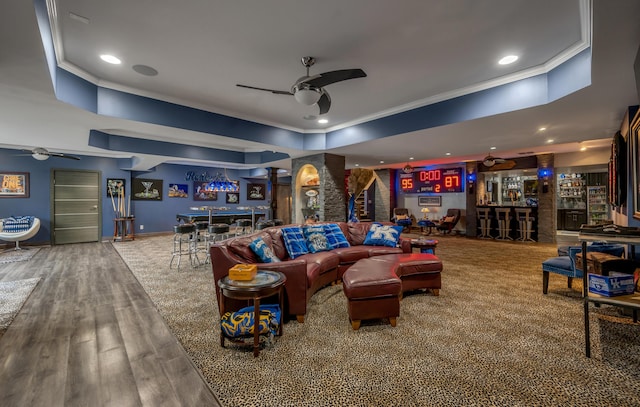 315 Whispering Brook Dr, Nicholasville, KY 40356 - living room with ceiling fan, a dry bar, ornamental molding, recessed lighting, and wood finished floors