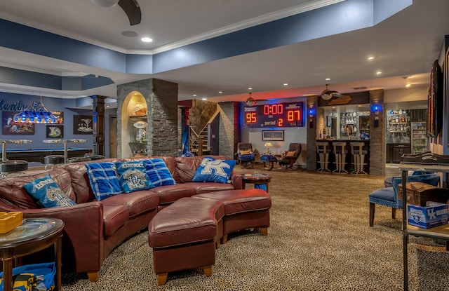 315 Whispering Brook Dr, Nicholasville, KY 40356 - carpeted living room with a bar, ornamental molding, and decorative columns