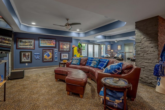 315 Whispering Brook Dr, Nicholasville, KY 40356 - living area with ceiling fan, a tray ceiling, ornamental molding, and recessed lighting