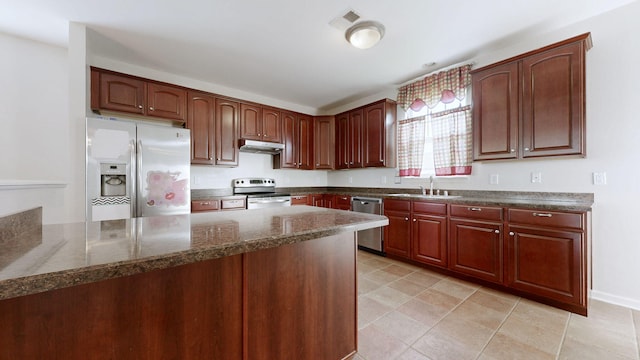 705 Dawson Springs Way, Lexington, KY 40511 - kitchen featuring appliances with stainless steel finishes, under cabinet range hood, a peninsula, and dark stone counters