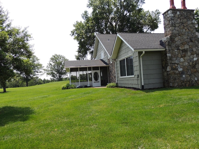 13 Scotland Dr, Frankfort, KY 40601 - back of house with a sunroom, a yard, roof with shingles, and a chimney