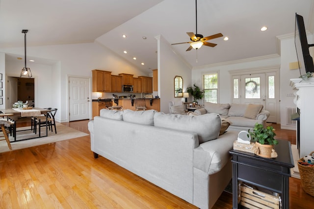 195 Couch Baker Ln, London, KY 40744 - living room featuring ceiling fan, light wood-style flooring, recessed lighting, high vaulted ceiling, and ornamental molding