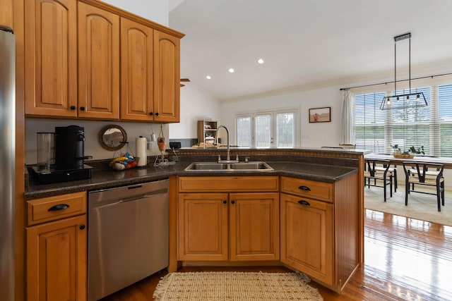 195 Couch Baker Ln, London, KY 40744 - kitchen featuring stainless steel dishwasher, ornamental molding, a peninsula, a chandelier, and brown cabinets