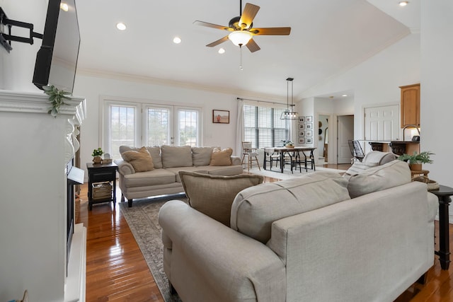 195 Couch Baker Ln, London, KY 40744 - living area with ornamental molding, a ceiling fan, lofted ceiling, recessed lighting, and wood finished floors