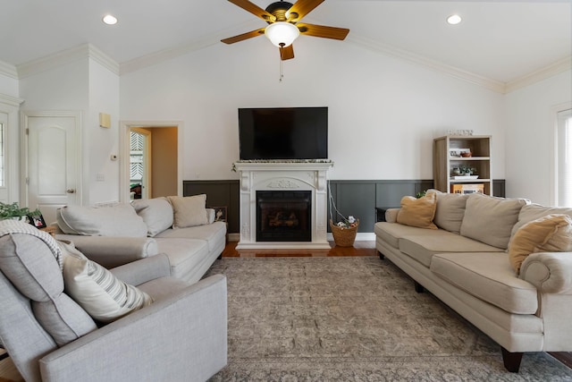 195 Couch Baker Ln, London, KY 40744 - living area with ceiling fan, a fireplace with raised hearth, vaulted ceiling, wood finished floors, and recessed lighting