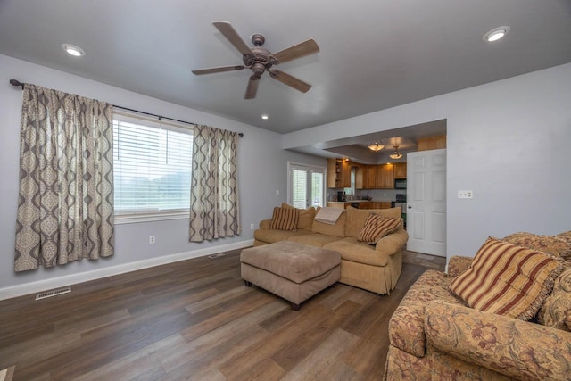 106 Squires Pointe Rd, Paris, KY 40361 - living room featuring ceiling fan, dark wood-style floors, and recessed lighting