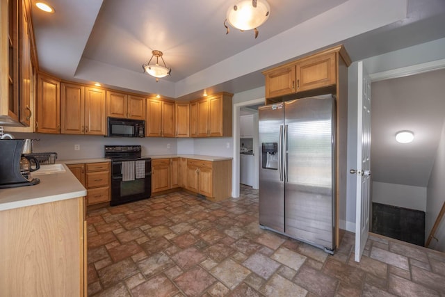 106 Squires Pointe Rd, Paris, KY 40361 - kitchen with black appliances, light countertops, stone finish flooring, and a raised ceiling