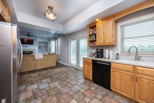 106 Squires Pointe Rd, Paris, KY 40361 - kitchen featuring dishwasher, freestanding refrigerator, a ceiling fan, open floor plan, and light countertops