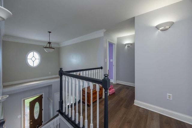 106 Squires Pointe Rd, Paris, KY 40361 - corridor with an upstairs landing, dark wood-style flooring, and crown molding