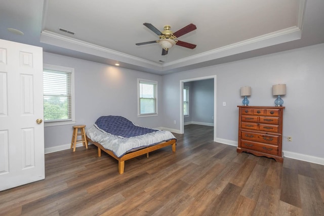 106 Squires Pointe Rd, Paris, KY 40361 - bedroom featuring a raised ceiling, ornamental molding, multiple windows, wood finished floors, and a ceiling fan