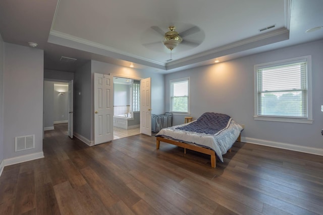 106 Squires Pointe Rd, Paris, KY 40361 - bedroom with a raised ceiling, ornamental molding, wood finished floors, ensuite bathroom, and ceiling fan