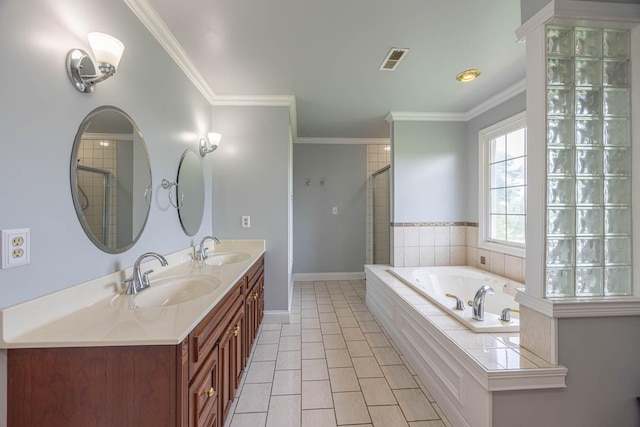 106 Squires Pointe Rd, Paris, KY 40361 - full bath featuring a garden tub, double vanity, a shower stall, tile patterned floors, and crown molding