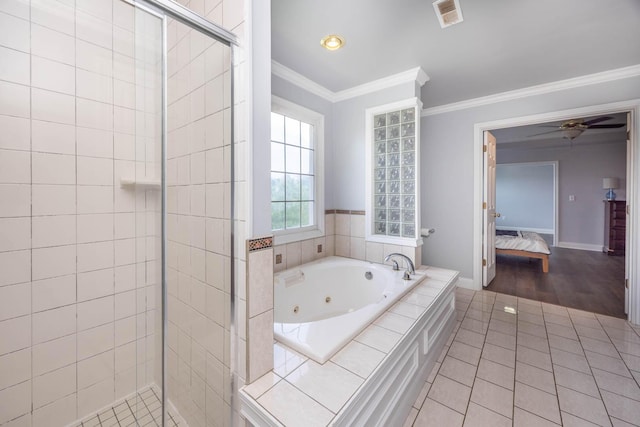 106 Squires Pointe Rd, Paris, KY 40361 - ensuite bathroom featuring a whirlpool tub, a shower stall, ornamental molding, a ceiling fan, and tile patterned flooring