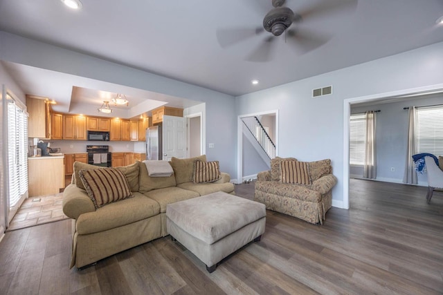 106 Squires Pointe Rd, Paris, KY 40361 - living area with plenty of natural light, wood finished floors, a ceiling fan, stairway, and recessed lighting