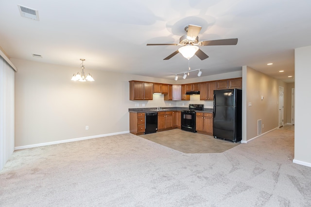 3123 Daly Pl, Lexington, KY 40511 - kitchen with black appliances, light colored carpet, dark countertops, a ceiling fan, and recessed lighting