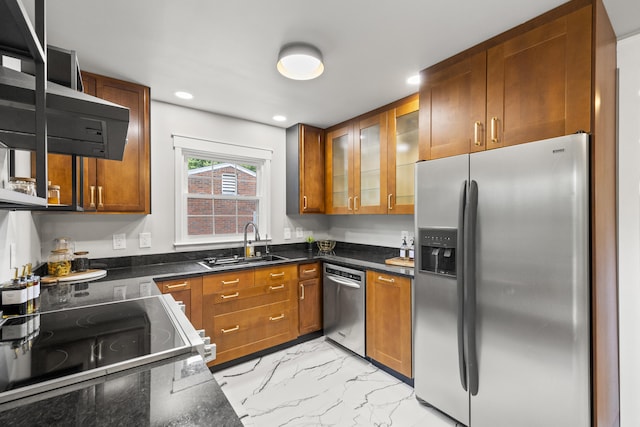 110 Flinn Ct, Georgetown, KY 40324 - kitchen with appliances with stainless steel finishes, brown cabinets, light marble finish floors, recessed lighting, and glass insert cabinets