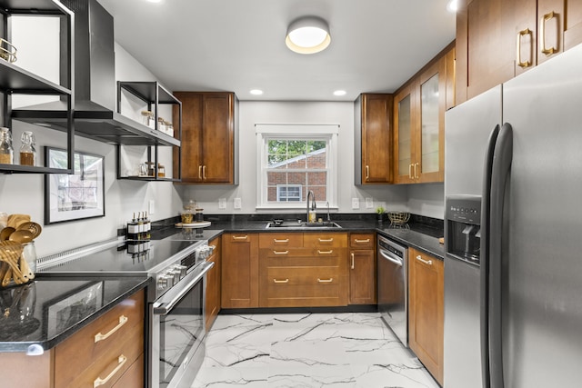 110 Flinn Ct, Georgetown, KY 40324 - kitchen featuring stainless steel appliances, light marble finish flooring, wall chimney range hood, open shelves, and dark stone counters