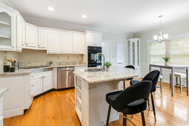 4991 Tynebrae Rd, Lexington, KY 40515 - kitchen with stainless steel dishwasher, white cabinets, a kitchen bar, crown molding, and a chandelier