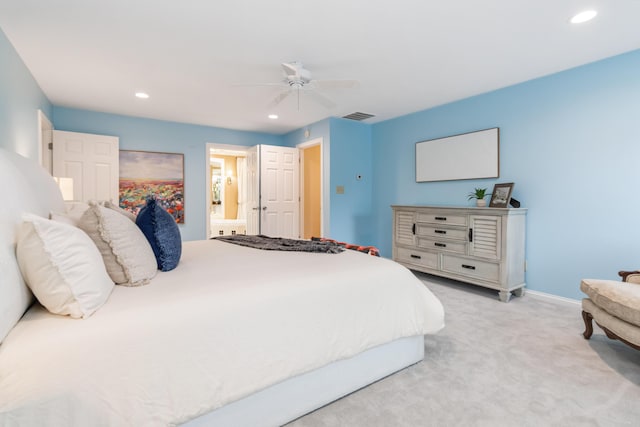 4991 Tynebrae Rd, Lexington, KY 40515 - bedroom with light colored carpet, recessed lighting, a ceiling fan, and ensuite bathroom