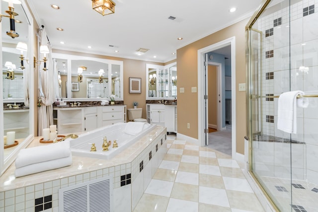 4991 Tynebrae Rd, Lexington, KY 40515 - full bath featuring vanity, ornamental molding, a stall shower, recessed lighting, and a bath