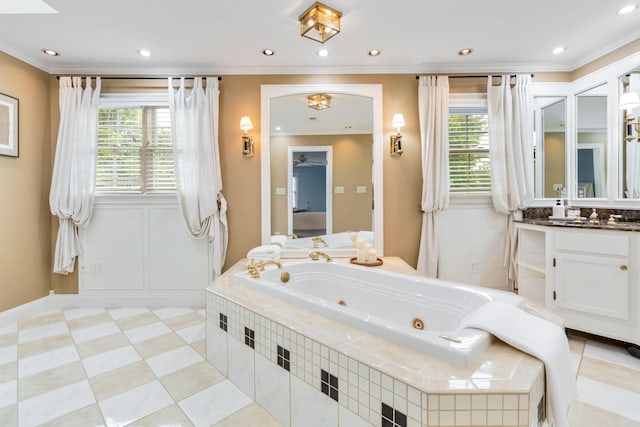 4991 Tynebrae Rd, Lexington, KY 40515 - full bath featuring vanity, a jetted tub, plenty of natural light, ornamental molding, and recessed lighting