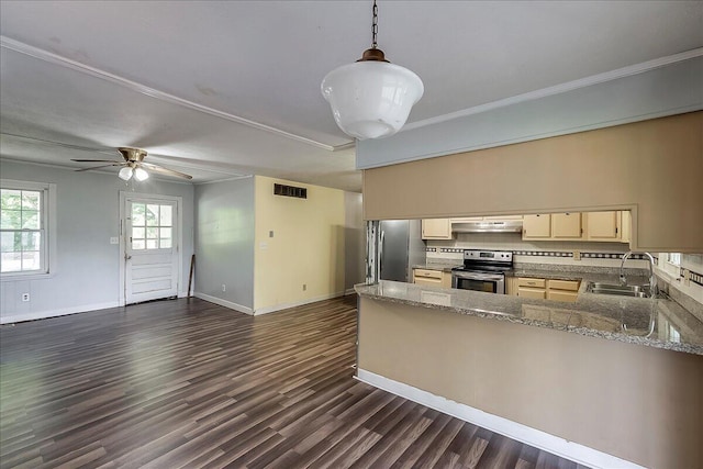 16 Meadowbrook Dr, Frankfort, KY 40601 - kitchen featuring ventilation hood, appliances with stainless steel finishes, a peninsula, backsplash, and dark wood-type flooring