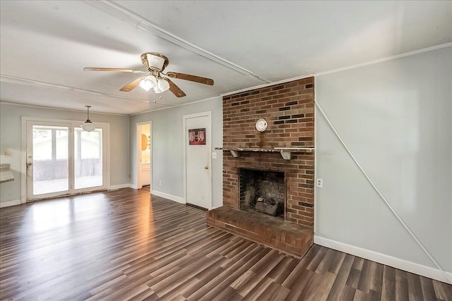 16 Meadowbrook Dr, Frankfort, KY 40601 - unfurnished living room with wood finished floors, a fireplace, a ceiling fan, and ornamental molding