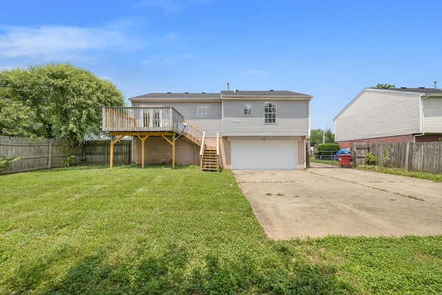 720 Pinoak Dr, Nicholasville, KY 40356 - rear view of property with stairway, concrete driveway, a wooden deck, and an attached garage