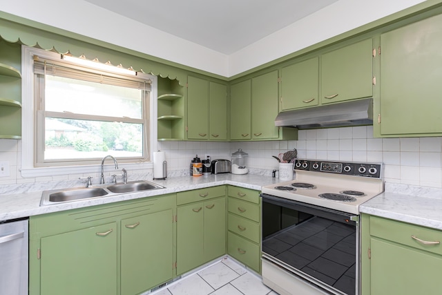 111 Hagan Ct, Lancaster, KY 40444 - kitchen with electric stove, under cabinet range hood, dishwasher, open shelves, and backsplash