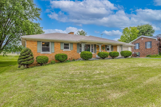 111 Hagan Ct, Lancaster, KY 40444 - ranch-style house with brick siding, an attached garage, a front lawn, a porch, and a chimney