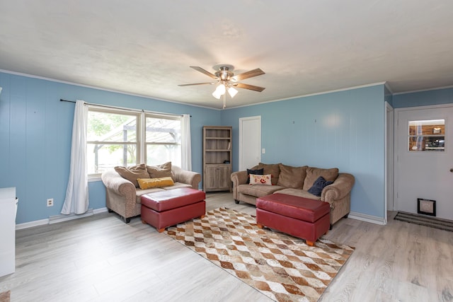 111 Hagan Ct, Lancaster, KY 40444 - living room with light wood-style flooring, a ceiling fan, and ornamental molding