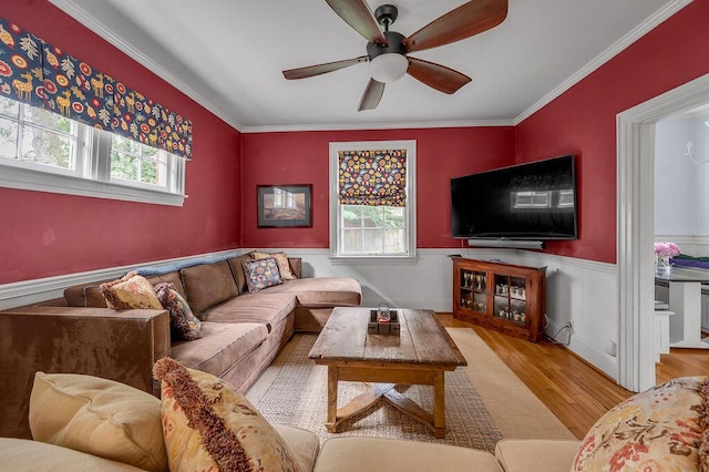 315 Desha Rd, Lexington, KY 40502 - living area with wood finished floors, ceiling fan, crown molding, and wainscoting