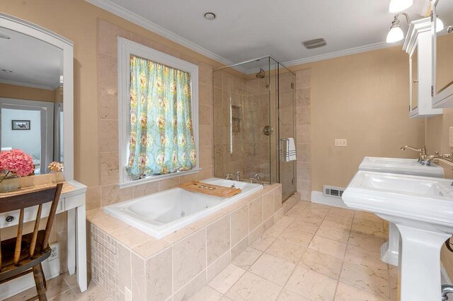 315 Desha Rd, Lexington, KY 40502 - full bathroom featuring a tub with jets, a shower stall, crown molding, double vanity, and healthy amount of natural light