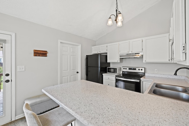 155 Barren River Blvd, Georgetown, KY 40324 - kitchen with freestanding refrigerator, under cabinet range hood, electric stove, a peninsula, and lofted ceiling