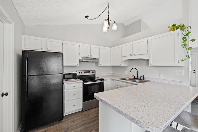 155 Barren River Blvd, Georgetown, KY 40324 - kitchen featuring freestanding refrigerator, electric range, lofted ceiling, a peninsula, and under cabinet range hood
